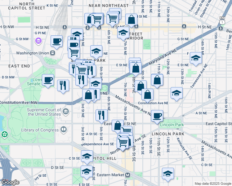 map of restaurants, bars, coffee shops, grocery stores, and more near 622 Massachusetts Avenue Northeast in Washington