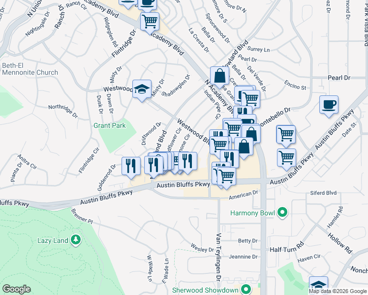 map of restaurants, bars, coffee shops, grocery stores, and more near 3621 Windflower Circle in Colorado Springs