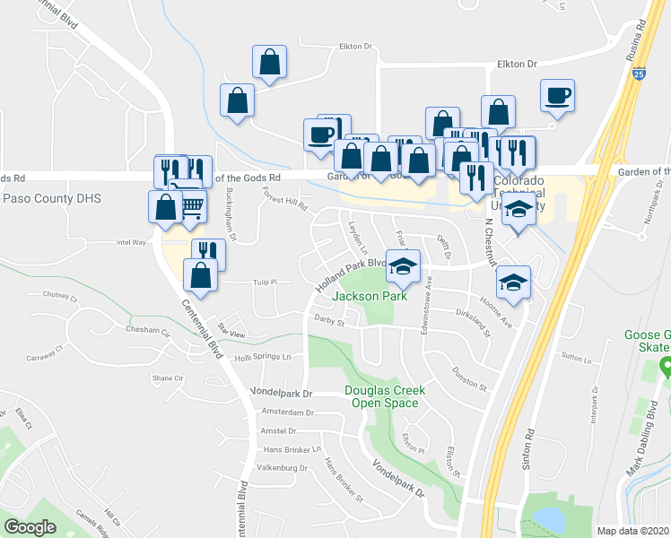 map of restaurants, bars, coffee shops, grocery stores, and more near 1116 Holland Park Boulevard in Colorado Springs