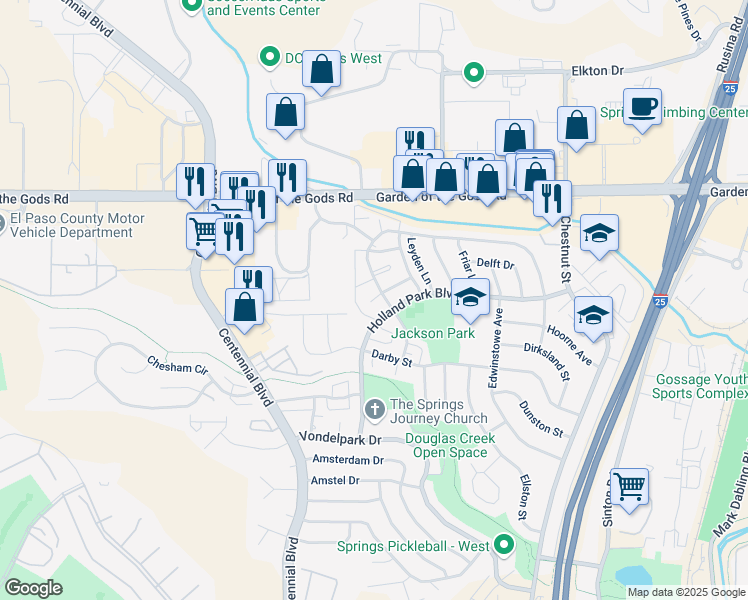 map of restaurants, bars, coffee shops, grocery stores, and more near 4228 Forrest Hill Road in Colorado Springs