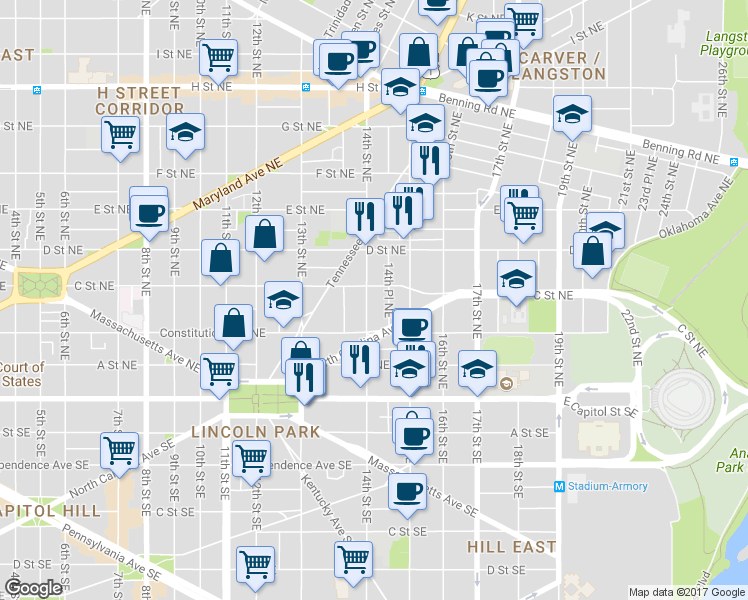 map of restaurants, bars, coffee shops, grocery stores, and more near 101 Independence Avenue Southeast in Washington
