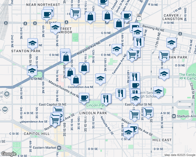 map of restaurants, bars, coffee shops, grocery stores, and more near 101 Independence Avenue Southeast in Washington