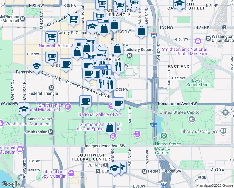 map of restaurants, bars, coffee shops, grocery stores, and more near 101 Independence Avenue Southeast in Washington