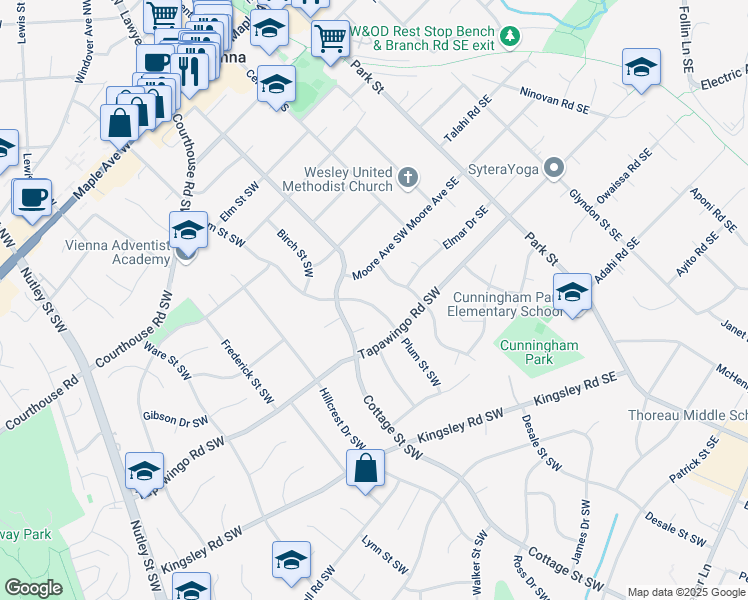 map of restaurants, bars, coffee shops, grocery stores, and more near 809 Plum Street Southwest in Vienna