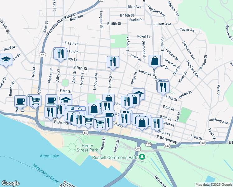 map of restaurants, bars, coffee shops, grocery stores, and more near 619 East 7th Street in Alton