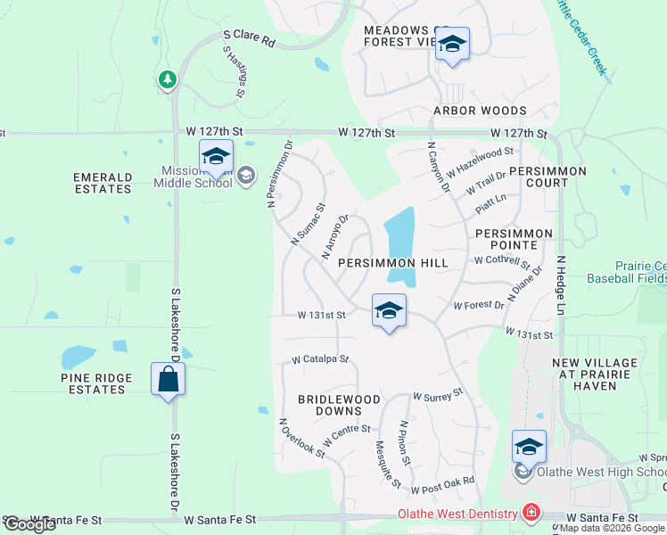 map of restaurants, bars, coffee shops, grocery stores, and more near 740 North Persimmon Drive in Olathe