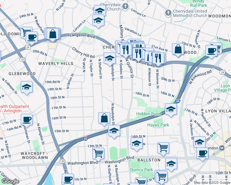 map of restaurants, bars, coffee shops, grocery stores, and more near 1809 North Randolph Street in Arlington