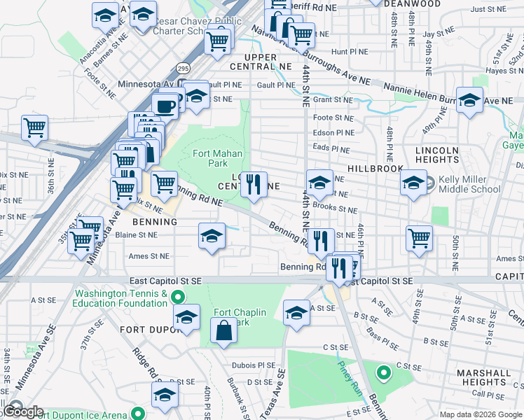 map of restaurants, bars, coffee shops, grocery stores, and more near 4214 Benning Road Northeast in Washington