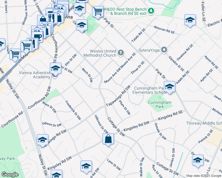 map of restaurants, bars, coffee shops, grocery stores, and more near 809 Plum Street Southwest in Vienna