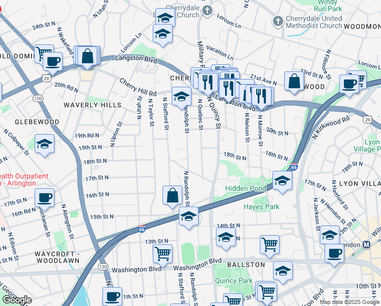map of restaurants, bars, coffee shops, grocery stores, and more near 1809 North Randolph Street in Arlington