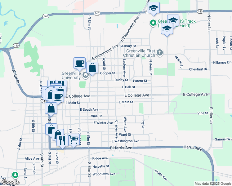 map of restaurants, bars, coffee shops, grocery stores, and more near 618 East Oak Street in Greenville