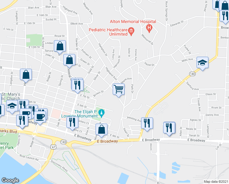 map of restaurants, bars, coffee shops, grocery stores, and more near 1431 Pearl Street in Alton