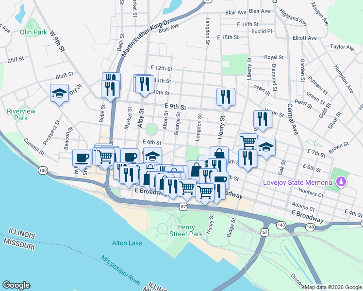 map of restaurants, bars, coffee shops, grocery stores, and more near 412 East 6th Street in Alton