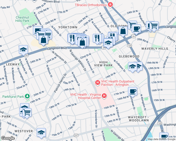 map of restaurants, bars, coffee shops, grocery stores, and more near 2001 North George Mason Drive in Arlington