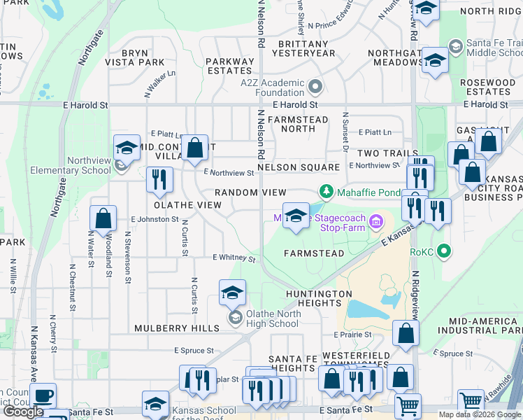 map of restaurants, bars, coffee shops, grocery stores, and more near 902 East Johnston Street in Olathe