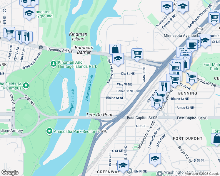 map of restaurants, bars, coffee shops, grocery stores, and more near 250 33rd Street Northeast in Washington