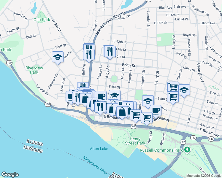 map of restaurants, bars, coffee shops, grocery stores, and more near 532 Easton Street in Alton