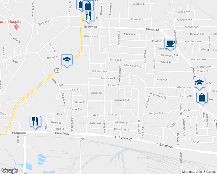 map of restaurants, bars, coffee shops, grocery stores, and more near 2707 Sanford Avenue in Alton