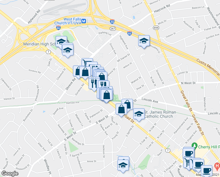 map of restaurants, bars, coffee shops, grocery stores, and more near 111 Falls Avenue in Falls Church