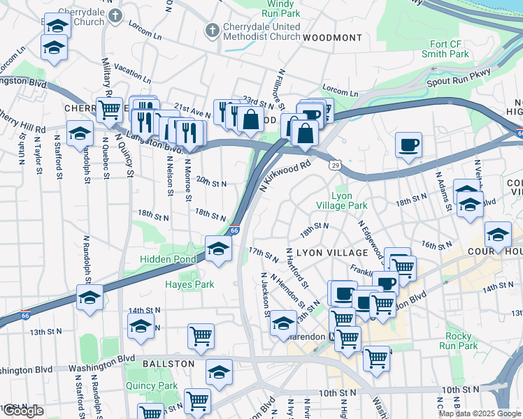 map of restaurants, bars, coffee shops, grocery stores, and more near 1834 North Kirkwood Place in Arlington