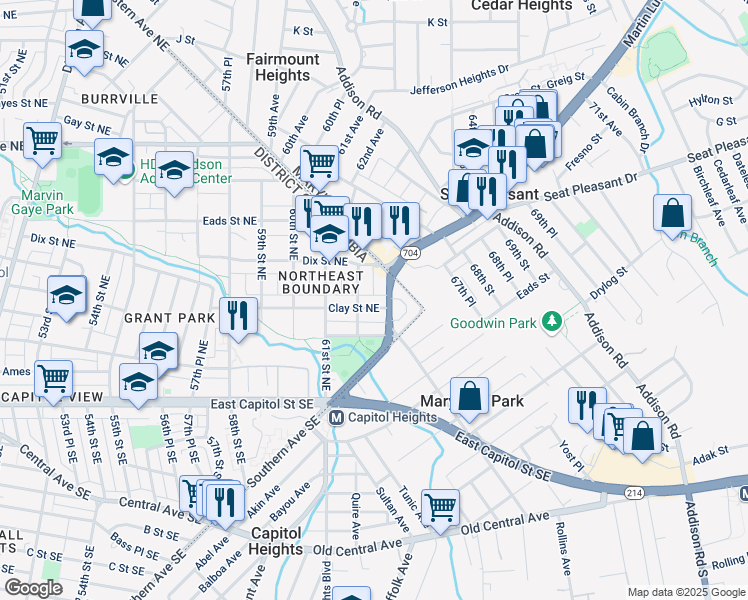 map of restaurants, bars, coffee shops, grocery stores, and more near 6220 Clay Street Northeast in Washington