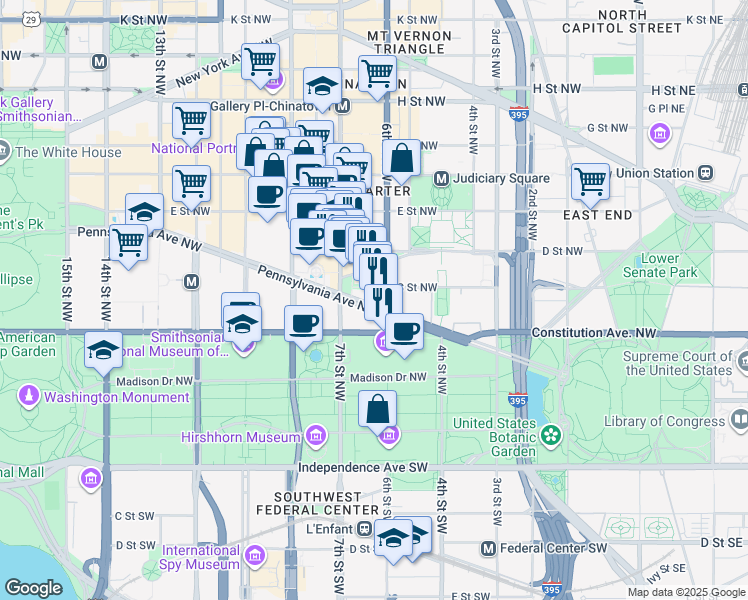 map of restaurants, bars, coffee shops, grocery stores, and more near 601 Pennsylvania Avenue Northwest in Washington