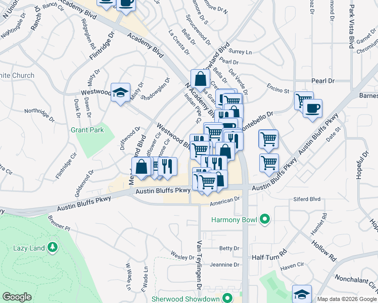 map of restaurants, bars, coffee shops, grocery stores, and more near 4300 Morning Sun Avenue in Colorado Springs