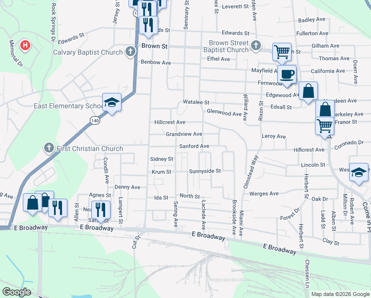 map of restaurants, bars, coffee shops, grocery stores, and more near 2711 Sanford Avenue in Alton
