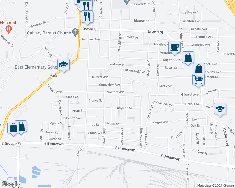 map of restaurants, bars, coffee shops, grocery stores, and more near 2769 Sanford Avenue in Alton