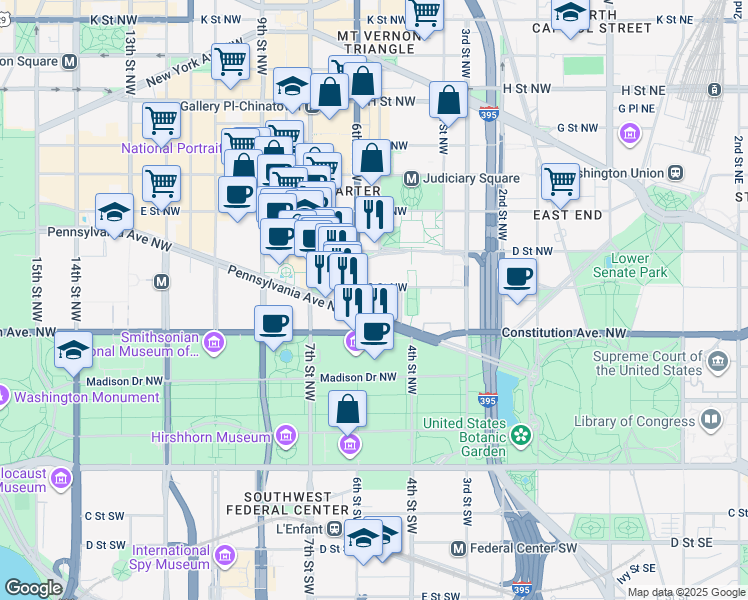 map of restaurants, bars, coffee shops, grocery stores, and more near 565 Pennsylvania Avenue Northwest in Washington