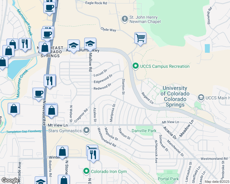 map of restaurants, bars, coffee shops, grocery stores, and more near 4106 Garrett Place in Colorado Springs