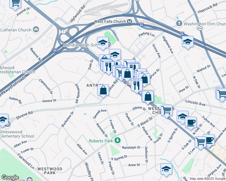 map of restaurants, bars, coffee shops, grocery stores, and more near 7127 Shreve Road in Falls Church