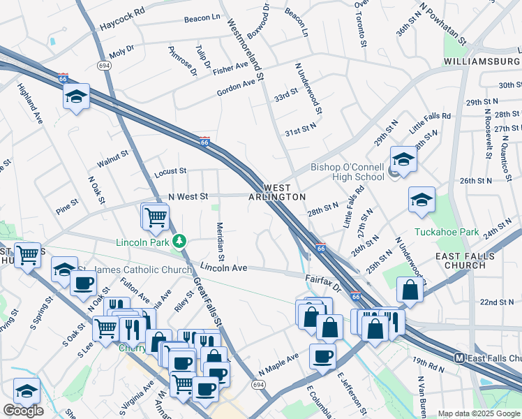 map of restaurants, bars, coffee shops, grocery stores, and more near 6947 28th Street North in Arlington
