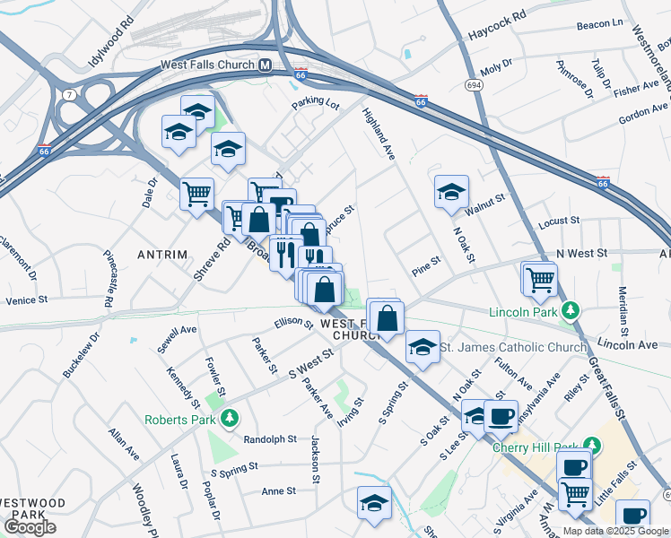 map of restaurants, bars, coffee shops, grocery stores, and more near 111 Falls Avenue in Falls Church