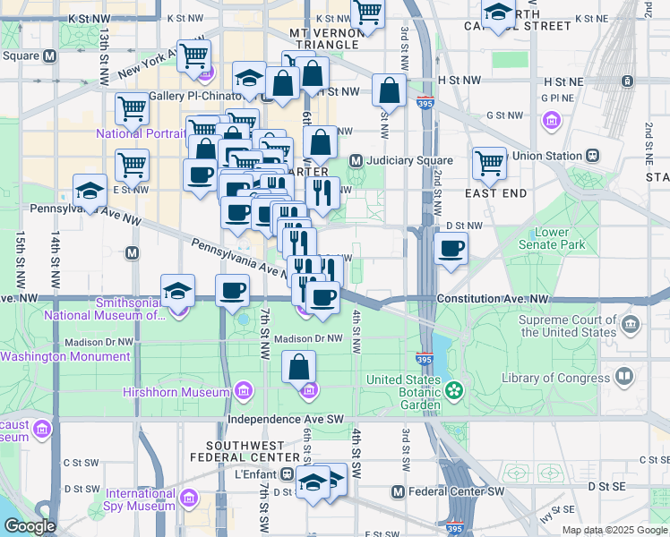 map of restaurants, bars, coffee shops, grocery stores, and more near 501 Pennsylvania Avenue Northwest in Washington