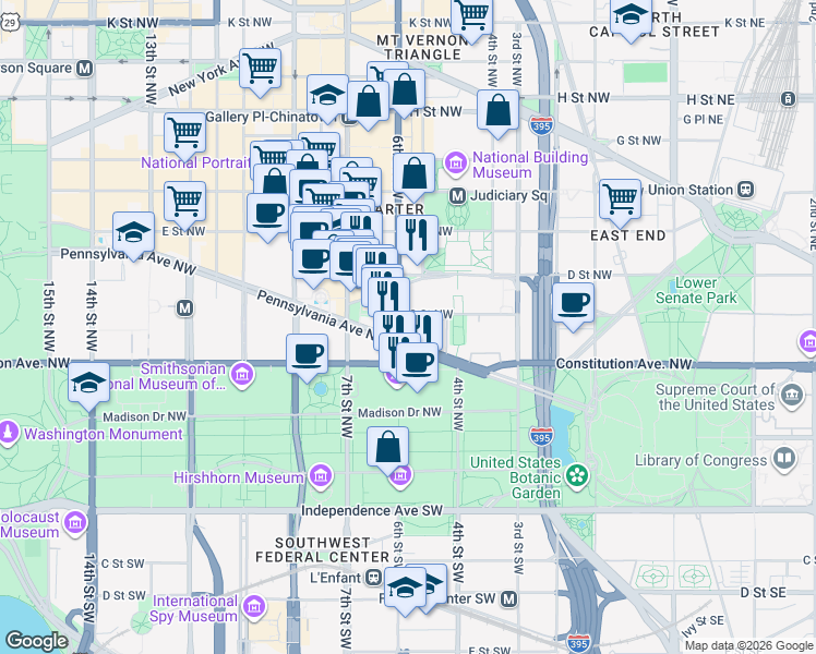 map of restaurants, bars, coffee shops, grocery stores, and more near 555 Pennsylvania Avenue Northwest in Washington