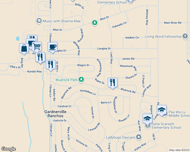 map of restaurants, bars, coffee shops, grocery stores, and more near 818 Wagon Drive in Gardnerville