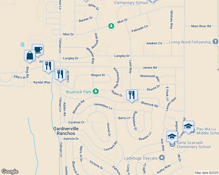 map of restaurants, bars, coffee shops, grocery stores, and more near 818 Wagon Drive in Gardnerville