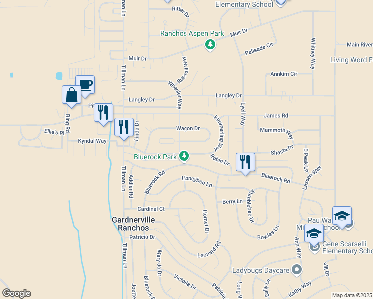 map of restaurants, bars, coffee shops, grocery stores, and more near 828 Wagon Drive in Gardnerville