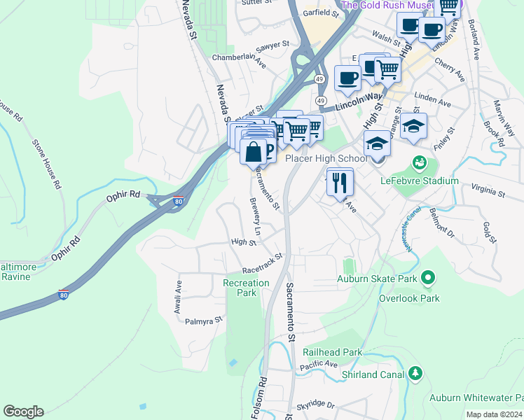 map of restaurants, bars, coffee shops, grocery stores, and more near 138 Brewery Lane in Auburn