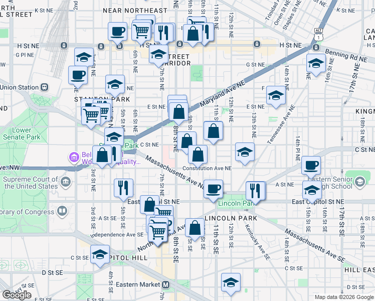 map of restaurants, bars, coffee shops, grocery stores, and more near 101 Independence Avenue Southeast in Washington