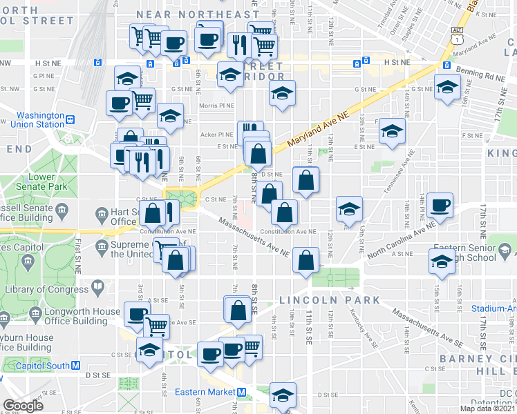 map of restaurants, bars, coffee shops, grocery stores, and more near 101 Independence Avenue Southeast in Washington