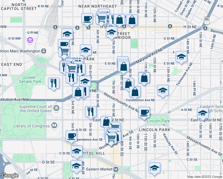 map of restaurants, bars, coffee shops, grocery stores, and more near 101 Independence Avenue Southeast in Washington