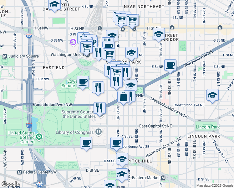 map of restaurants, bars, coffee shops, grocery stores, and more near 101 Independence Avenue Southeast in Washington