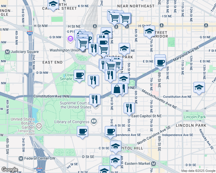 map of restaurants, bars, coffee shops, grocery stores, and more near 101 Independence Avenue Southeast in Washington