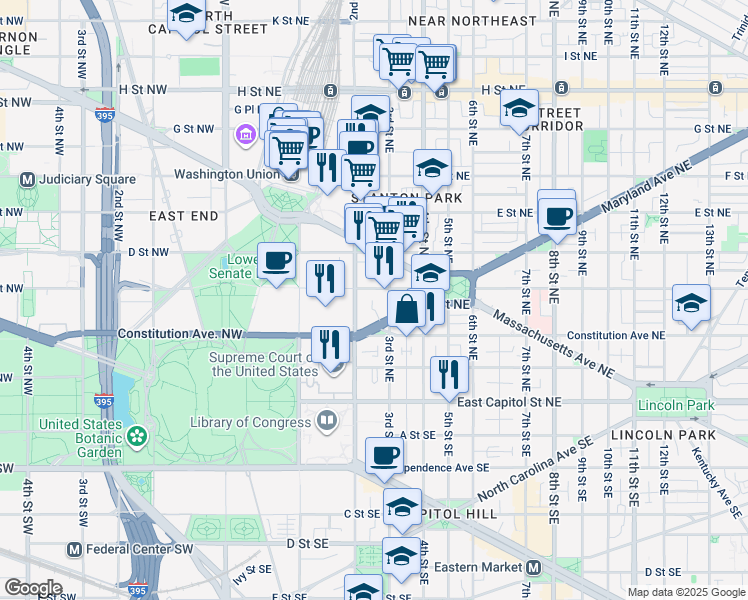 map of restaurants, bars, coffee shops, grocery stores, and more near 101 Independence Avenue Southeast in Washington