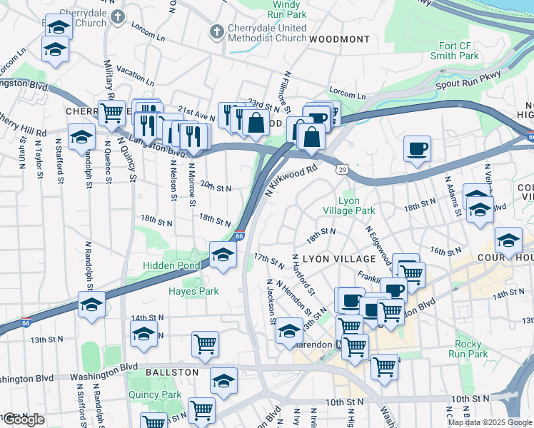 map of restaurants, bars, coffee shops, grocery stores, and more near 1834 North Kirkwood Place in Arlington