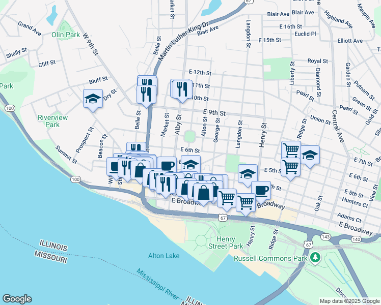map of restaurants, bars, coffee shops, grocery stores, and more near 122 East 6th Street in Alton