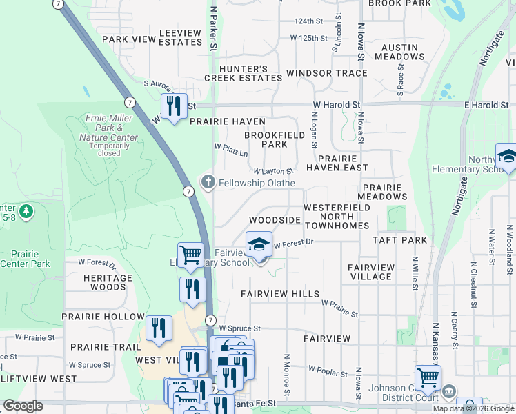 map of restaurants, bars, coffee shops, grocery stores, and more near 1020 West Fairwood Lane in Olathe