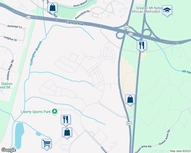 map of restaurants, bars, coffee shops, grocery stores, and more near 617 Maple Lawn Drive in Bowie